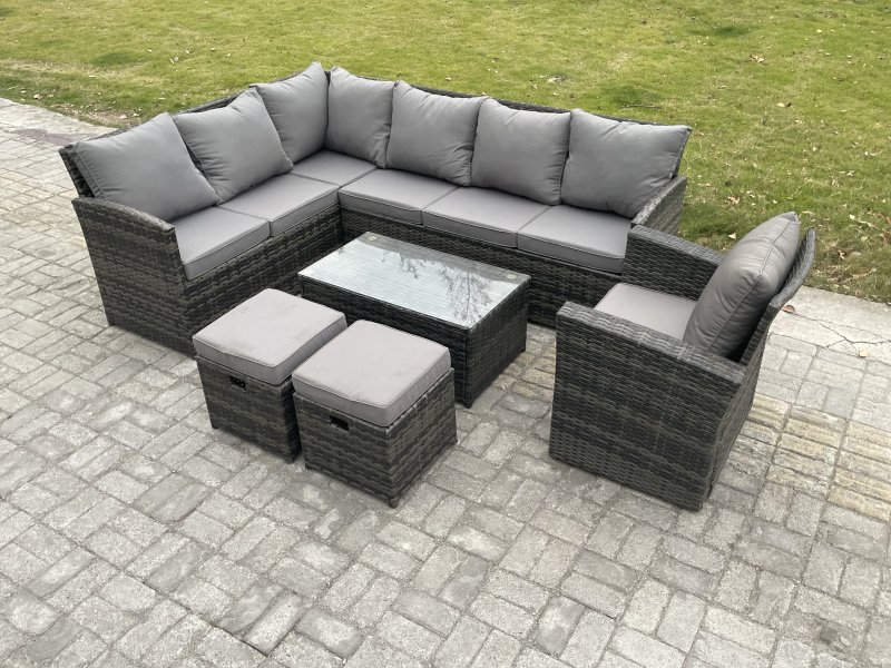 Fimous Rattan Lounge Corner Sofa Set Wicker PE Outdoor Garden Furniture Set with Rectangular Coffee Table 2 Small Footstools Chair Dark Grey Mixed