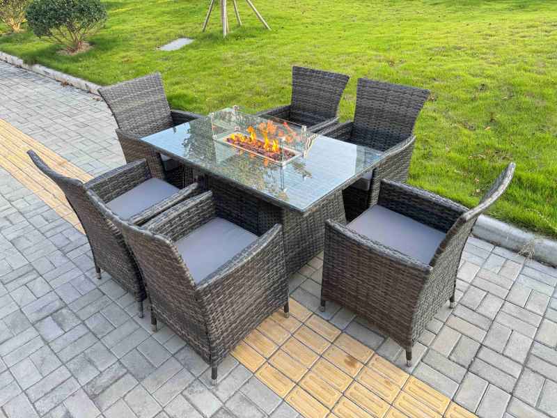 Fimous Rattan Garden Furniture Dining Set 6-seater Patio Rectangular Gas Firepit Table Chairs Outdoor Dark Grey Mixed