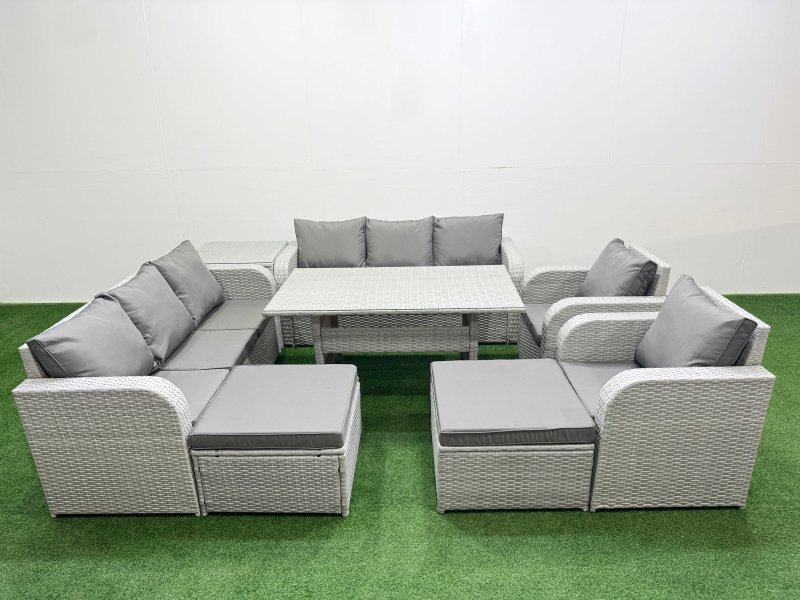Fimous PE Rattan High Back Lounge Sofa Set Patio Rectangular Dining Table & Chairs Set with 3 Seater Sofa Reclining Chair 2 Big Footstool Side Table Light Grey
