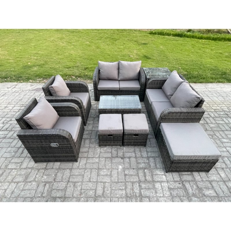 Fimous 9 Seater Rattan Garden Furniture Set Patio Outdoor Lounge Sofa Set with Rectangular Coffee Table 3 Footstools Love Sofa Side Table Dark Grey Mixed