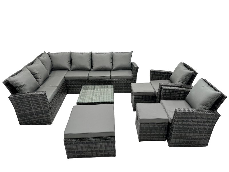 Fimous 11 Seat Poly Rattan Outdoor Patio Coffee Table Corner Sofa Set with 3 Stool 2 Chairs for Garden Backyard Dark Grey Mixed