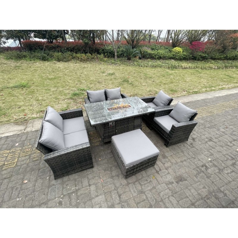Fimous Rattan Outdoor Furniture Gas Fire Pit Rectangle Dining Table Gas Heater Chairs Two Seater Love Sofa Sets Big Footstools 7 Seater