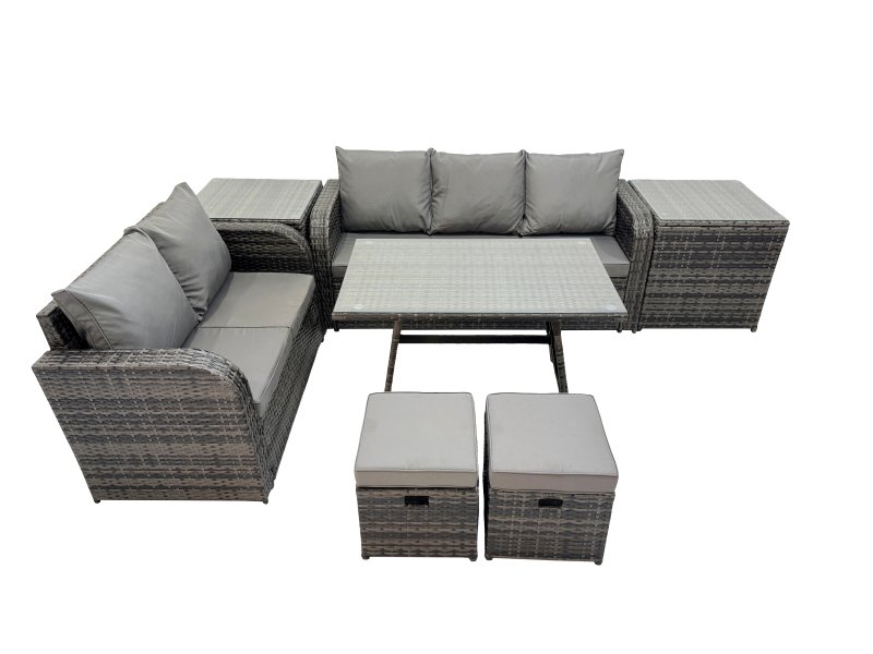 Fimous Garden Rattan Outdoor Furniture Set 7 Seater with Love Sofa 3 Seater Sofa 2 Side Table 2 Small Stools Dark Grey