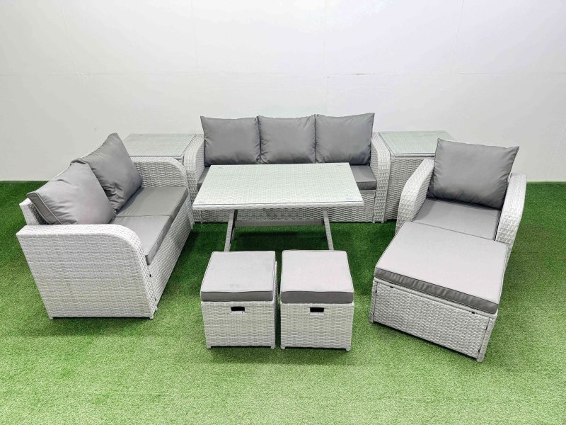 Fimous Rattan High Back Lounge Sofa Set Patio Dining Table & Chairs Set with 3 Seater Sofa Reclining Chair 2 Side Tables 3 Stool Light Grey