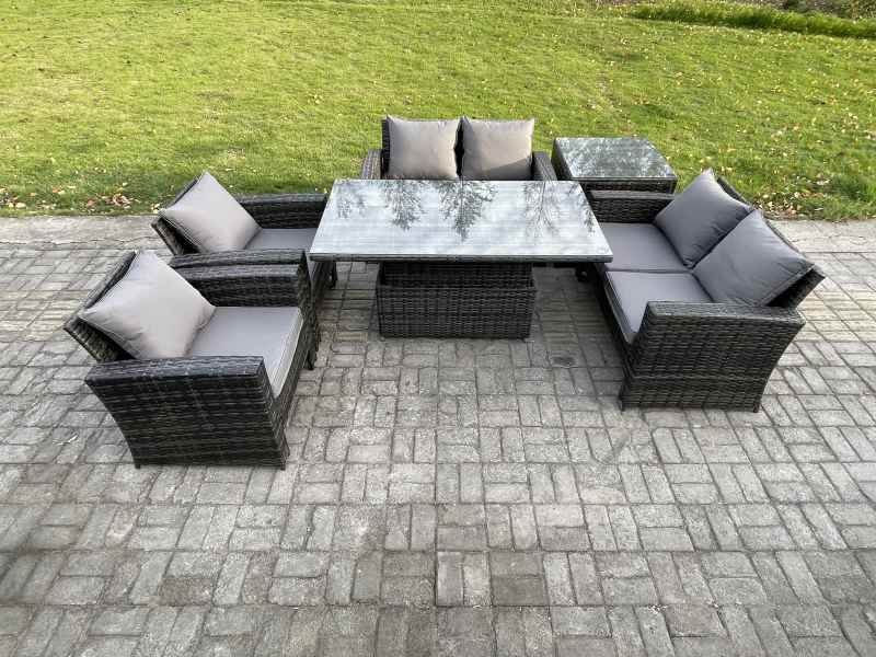 Fimous Rattan Garden Furniture Sets 6 Seater Patio Outdoor Rising Lifting Table Sofa Set with Double Seat Sofa Side Table Dark Grey Mixed