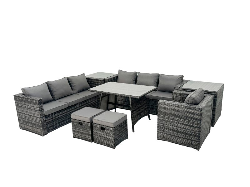 Fimous Rattan Dining Table Sofa Set with 2 Side Tables 2 Small Footstools Outdoor 9 Seat Garden Furniture Set Dark Grey Mixed