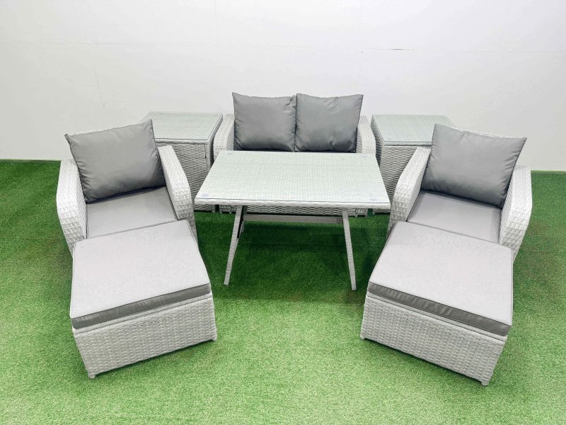 Fimous Light Grey PE Wicker Rattan Garden Furniture Set Sofa Set Reclining Chair Love Sofa Rectangular Dining Table 2 Big Stools 2 Side Tables