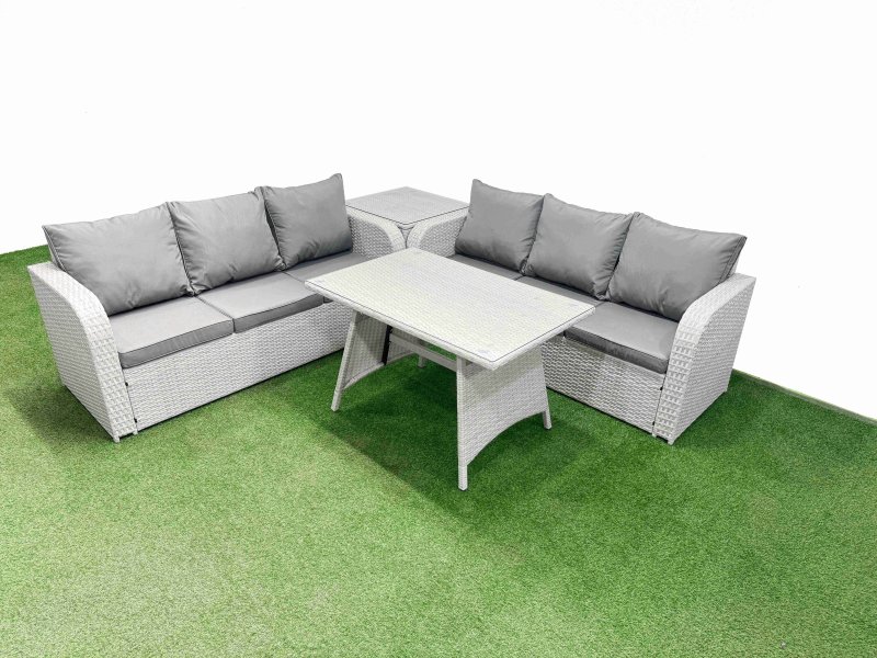Fimous Patio Dining Table & Chairs Set Rattan High Back Lounge Sofa Set with 3 Seater Sofa Side Table Light Grey