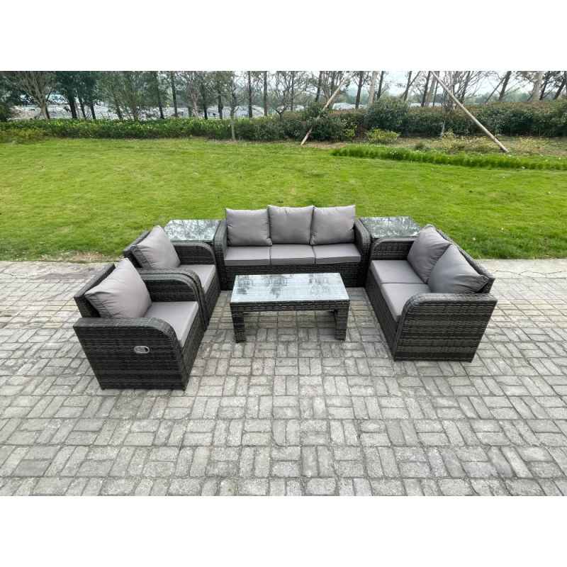 Fimous Outdoor Rattan Garden Furniture Set Rattan Lounge Sofa Set with Rectangular Coffee Table 2 Side Tables Dark Grey Mixed
