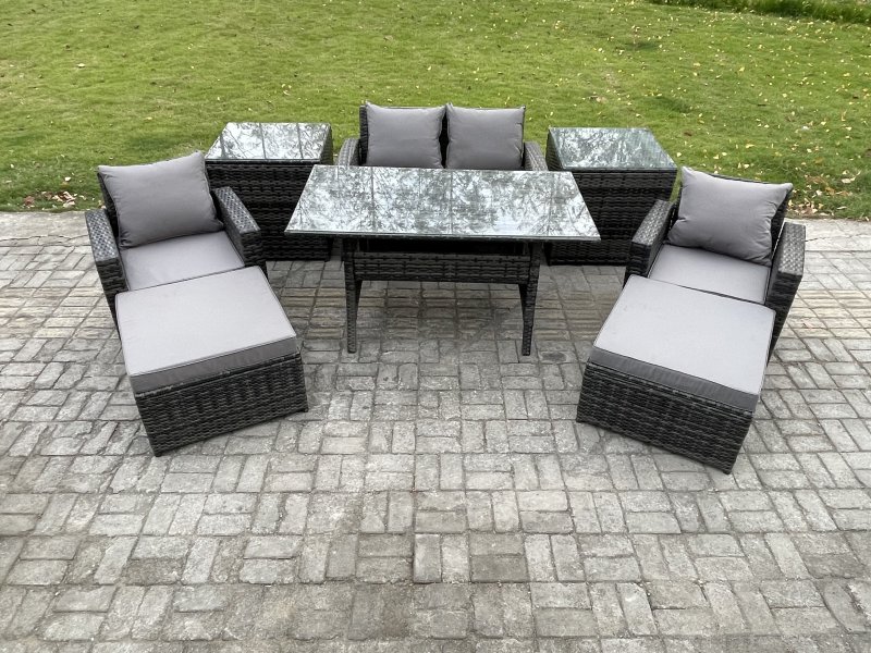 Fimous Outdoor Lounge Sofa Garden Furniture Set Rattan Rectangular Dining Table with Double Seat Sofa Armchair 2 Big Footstool 2 Side Tables 6 Seater Dark Grey Mixed
