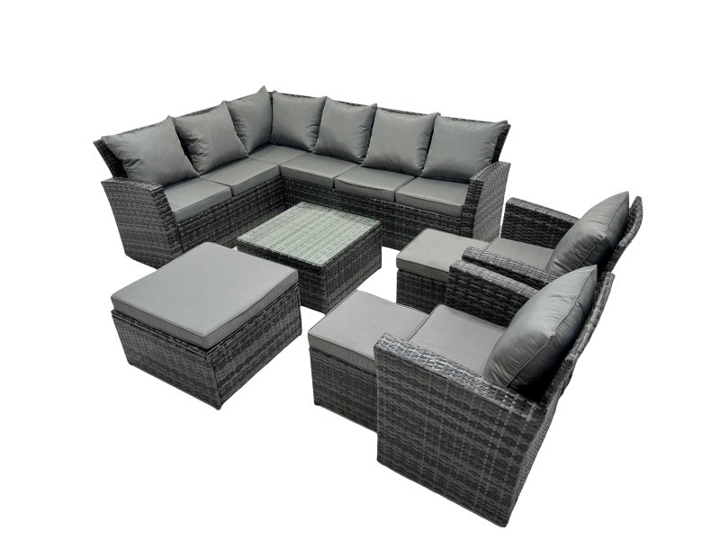 Fimous 11 Seat Poly Rattan Outdoor Patio Coffee Table Corner Sofa Set with 3 Stool 2 Chairs for Garden Backyard Dark Grey Mixed