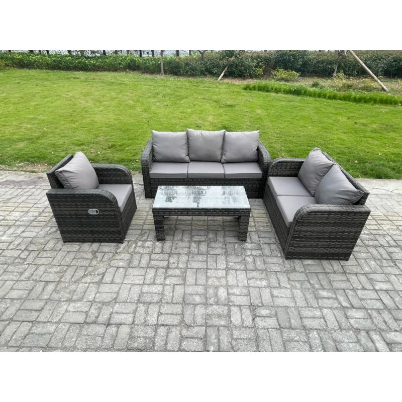 Fimous 6 Seater Outdoor Rattan Garden Furniture Set Rattan Lounge Sofa Set with Rectangular Coffee Table Reclining Chair Dark Grey Mixed