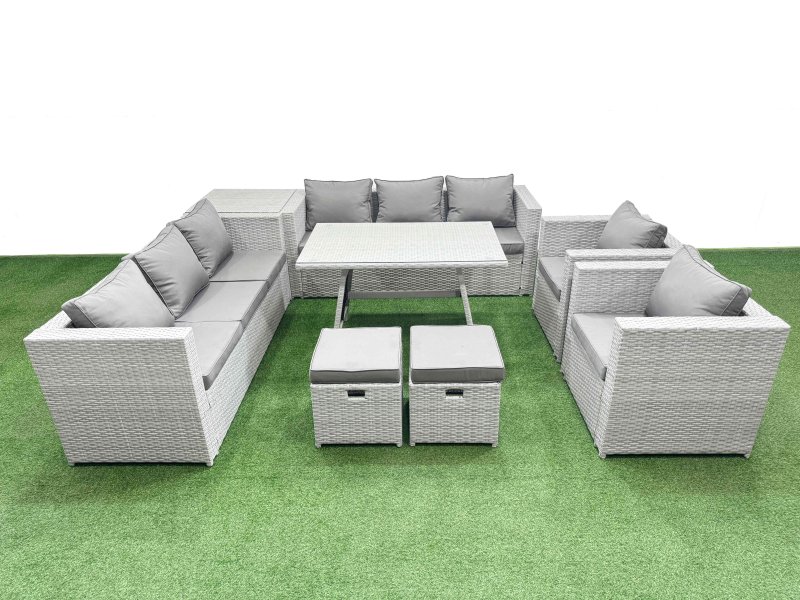 Fimous 10 Seater Garden Furniture Set PE Ratten Garden Sofa Set with Rectangular Dining Table 2 Small Stools Side Table Light Grey