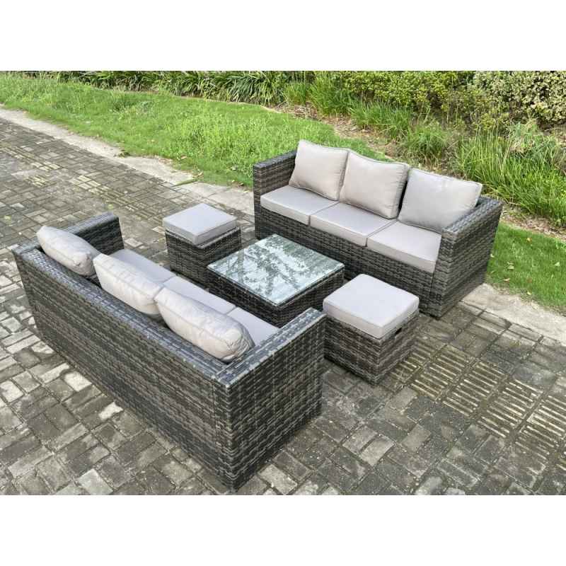 Fimous Rattan Garden Furniture Set 8 Seater Patio Outdoor Lounge Sofa Set with Square Coffee Table 2 Small Footstools Dark Grey Mixed