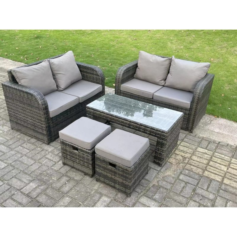Fimous Dark Grey PE Wicker Rattan Garden Furniture Set Love Sofa 2 Seater Sofa Set Outdoor Rectangular Coffee Table 6 Seater