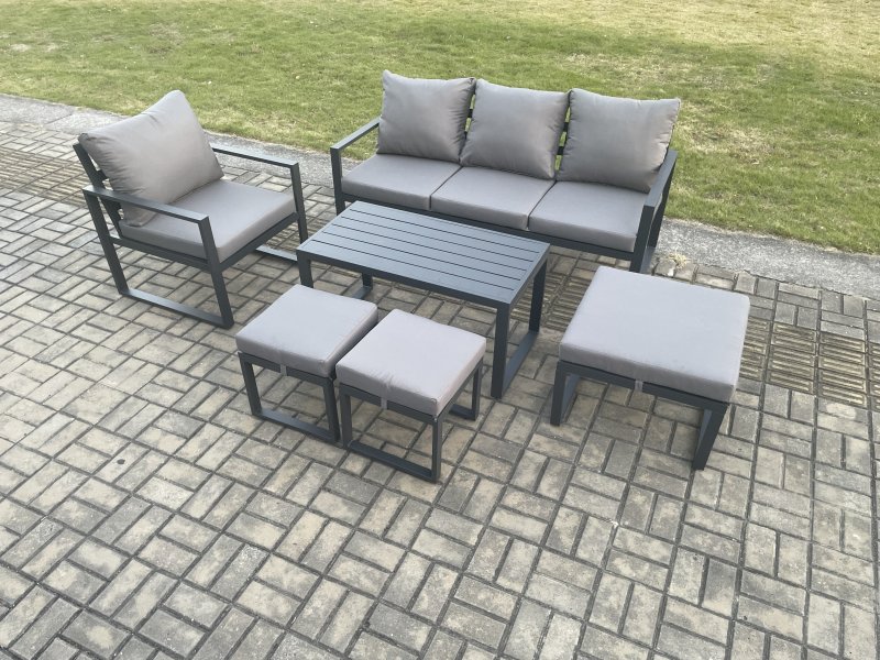 Fimous Aluminium Outdoor Garden Furniture Set Patio Lounge Sofa with Oblong Coffee Table 3 Footstools Armchair Dark Grey
