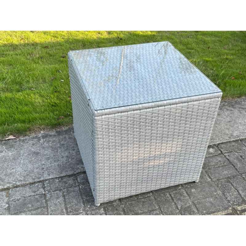 Fimous Light Grey Rattan Cube Side Table Tea Coffee Table Outdoor Garden Furniture Accessory With Clear Tempered Glass
