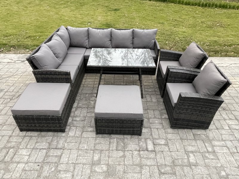 Fimous Outdoor Rattan Garden Furniture Corner Sofa Set with Oblong Dining Table 2 Big Footstool 2 Armchairs Patio Wicker Rattan Set Dark Grey Mixed