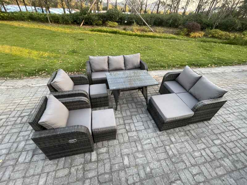 Fimous Outdoor Rattan Garden Furniture Set 10 Seater Patio Lounge Sofa Set with Dining Table 3 Footstools Dark Grey Mixed