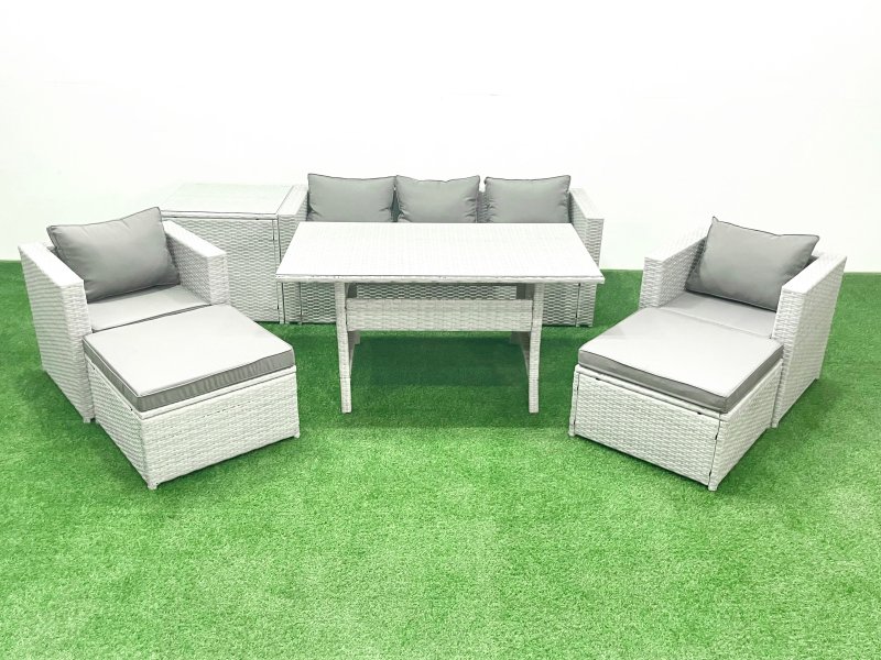Fimous Garden Dining Set Outdoor Rattan Furniture Set with Sofa Dining Table 2 Chairs 2 Big Footstools Side Table Light Grey Mixed