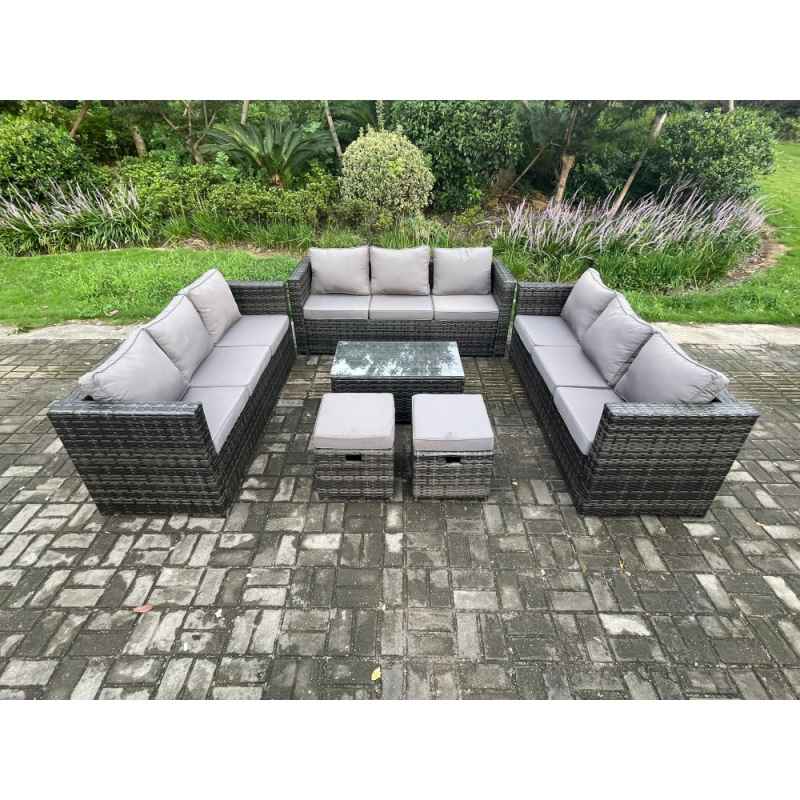 Fimous Outdoor Lounge Sofa Set Wicker PE Rattan Garden Furniture Set with Oblong Coffee Table 2 Small Footstools Dark Grey Mixed