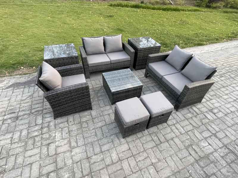 Fimous 7 Seater Outdoor Rattan Garden Furniture Set Conservatory Patio Sofa Coffee Table Set with Chair 2 Side Tables 2 Small Footstools Dark Grey Mixed