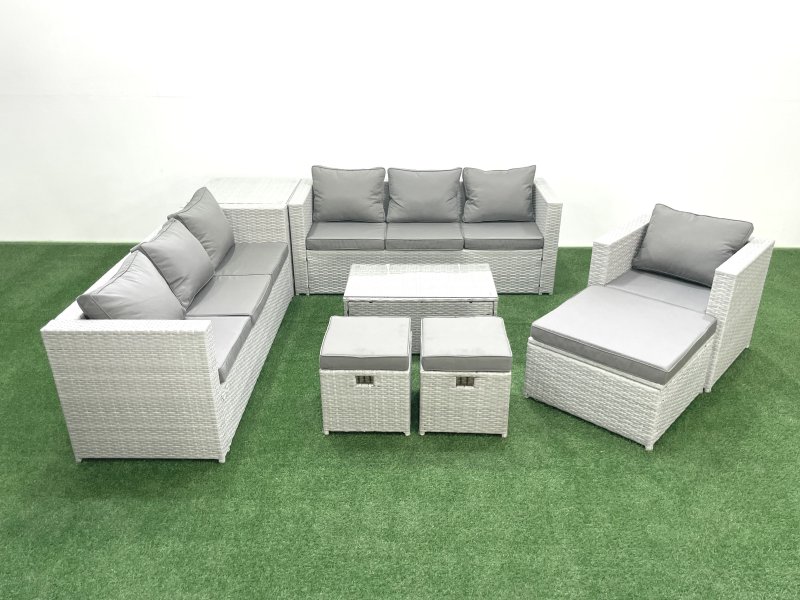 Fimous Wicker PE Rattan Sofa Garden Furniture Set with Armchair Oblong Coffee Table 3 Footstools Side Table Light Grey Mixed