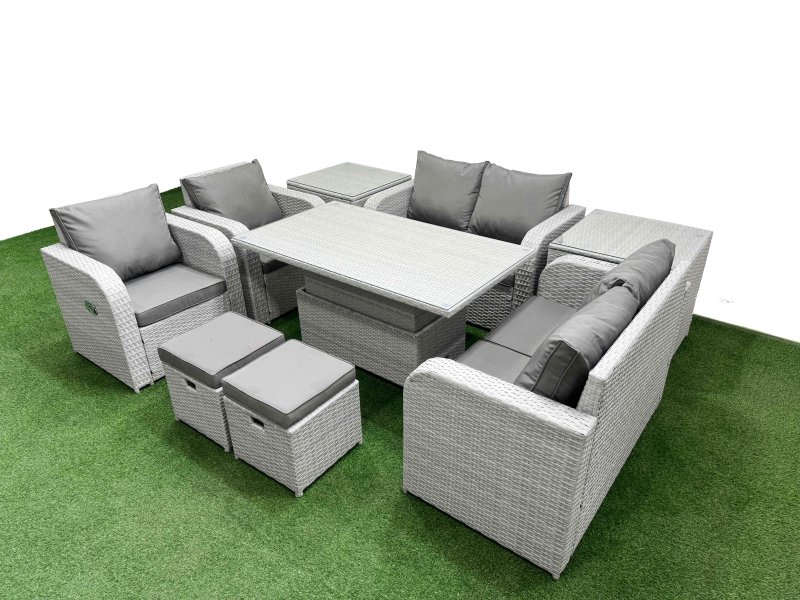 Fimous 8 Seater Outdoor Reclining Chair Love Sofa Set Rattan Garden Furniture Set with Adjustable Lifting Dining or Coffee Table 2 Stools 2 Side Table Light Grey