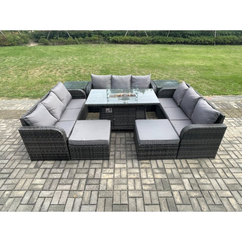 Fimous Outdoor Rattan Furniture Garden Dining Set Gas Fire Pit Table With 2 Side Tables Lounge Sofa 2 Big Footstool