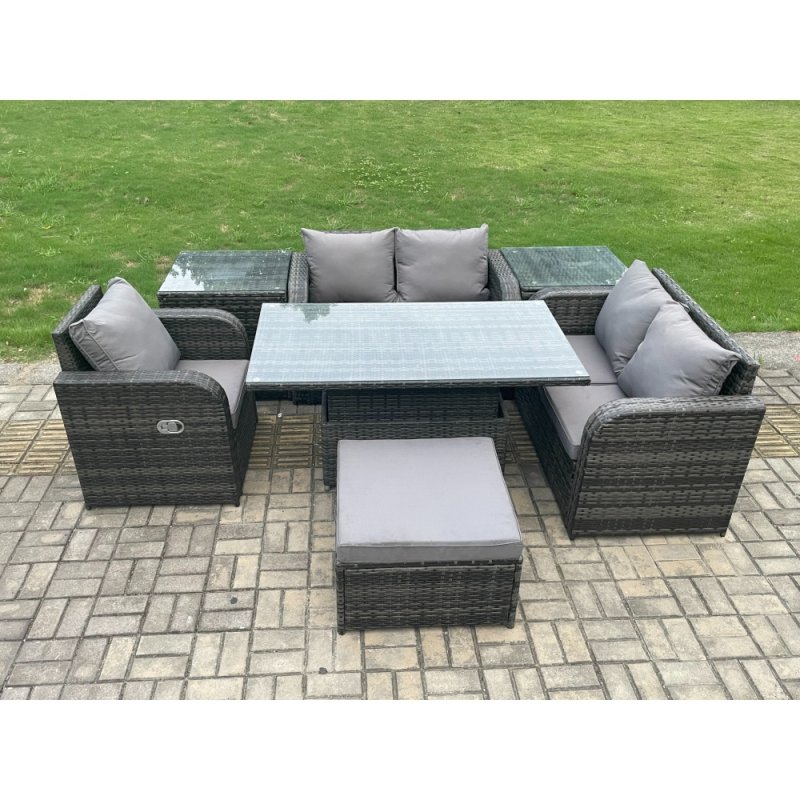 Fimous 6 Seater Rattan Furniture Garden Dining Set Outdoor Height Adjustable Rising lifting Table Love Sofa Chair With 2 Side Tables Big Footstool