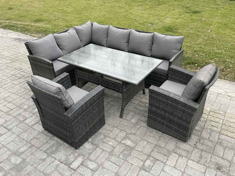 Fimous 8 Seater Outdoor Rattan Garden Furniture Set with Rectangular Dining Table 2 Armchairs Patio Wicker Corner Sofa Set Dark Grey Mixed