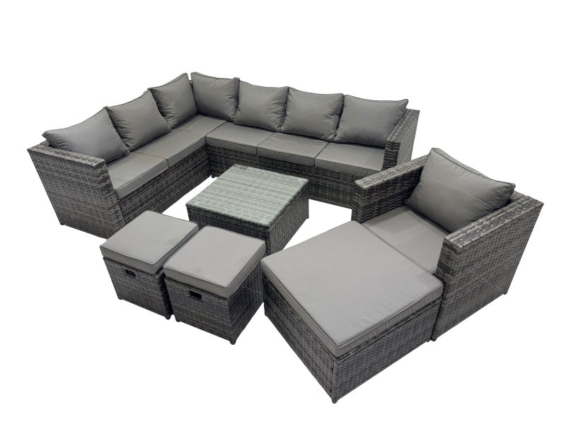 Fimous Rattan Garden Furniture Patio Furniture Sets with Corner Sofa Chair Square Coffee Table 3 Footstools Dark Grey Mixed