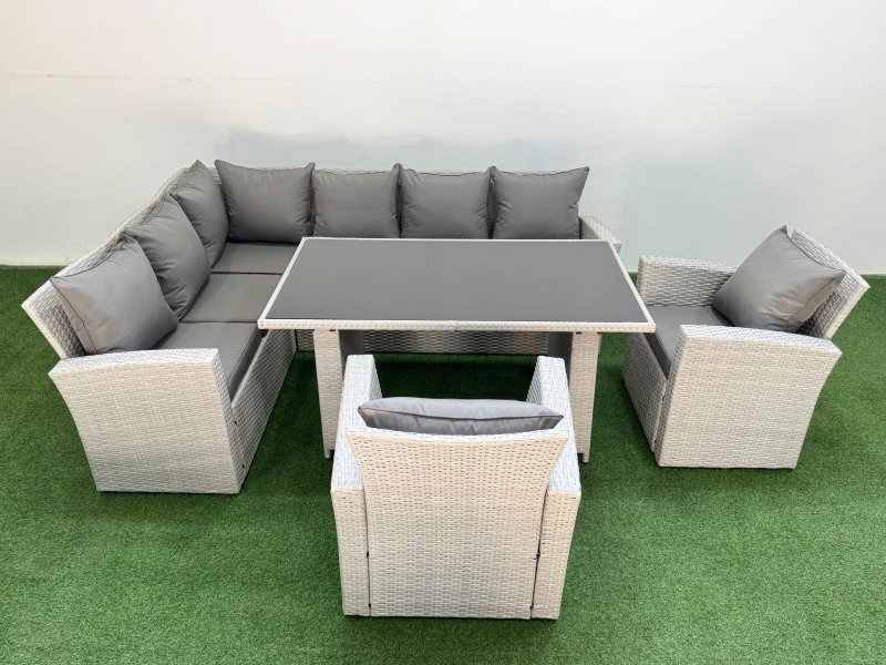 Fimous 8 Seater Wicker Rattan Corner Sofa Sets Outdoor Garden Furniture Sets with Rectangular Dining Table Lounge Sofa 2 Armchair Light Grey