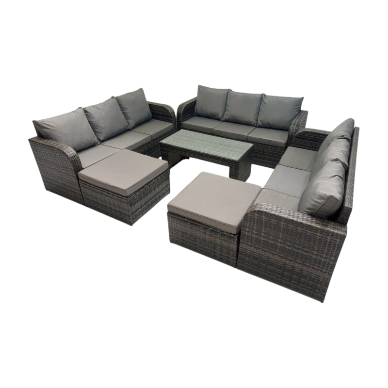 Fimous Rattan Garden Outdoor Furniture Set 3 Seater Sofa Coffee Table with 2 Big Footstools Dark Grey Mixed