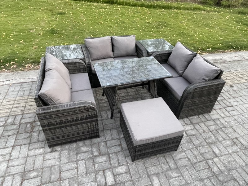 Fimous Rattan Garden Furniture Set 7 Seater Patio Outdoor Love Sofa Set with Rectangular Dining Table 2 Side Tables Big Footstool Dark Grey Mixed