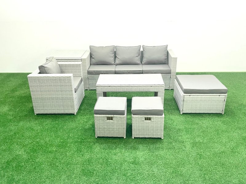 Fimous Rattan Garden Furniture Set Outdoor Lounger Sofa with Coffee Table 3 Footstools Side Table Light Grey Mixed