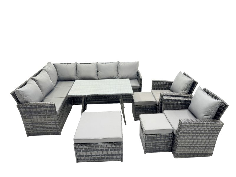 Fimous 11 Seat Poly Rattan Outdoor Patio Oblong Dining Table Corner Sofa Set with 3 Stool 2 Chairs for Garden Backyard Dark Grey Mixed