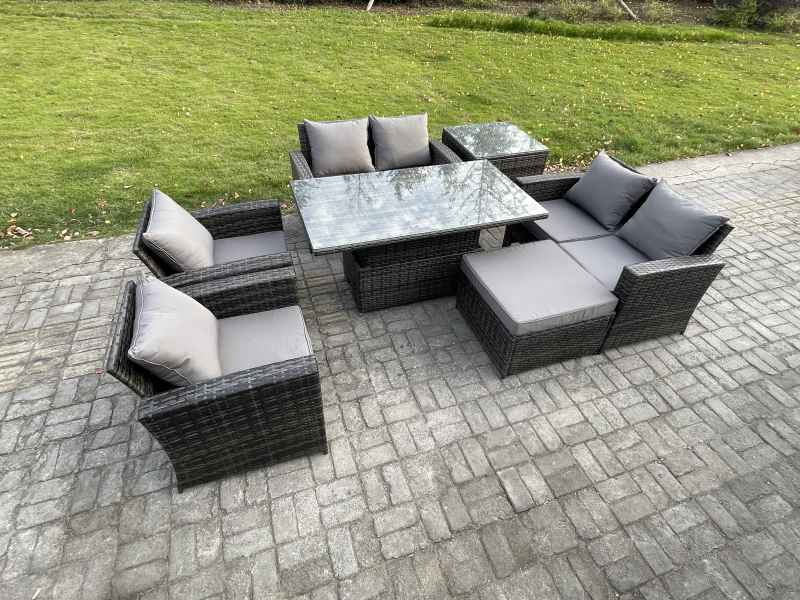 Fimous Rattan Garden Furniture Sets 7 Seater Patio Outdoor Rising Lifting Table Sofa Set with Double Seat Sofa Side Table Big Footstool Dark Grey Mixed