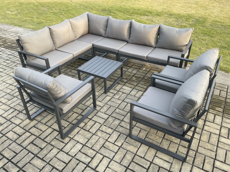 Fimous Aluminium Garden Furniture Set Outdoor Lounge Corner Sofa 3 Pcs Chair Square Coffee Table Sets Dark Grey 9 Seater
