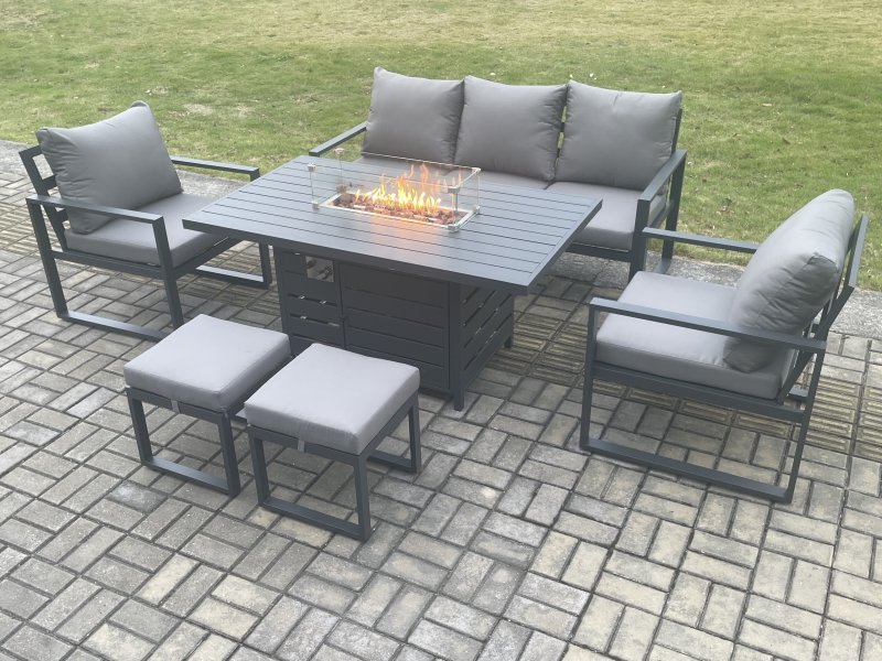 Fimous Aluminium Outdoor Garden Furniture Set Gas Fire Pit Dining Table Set Gas Heater Burner with 2 Arm Chair 2 Small Footstools Dark Grey 7 Seater