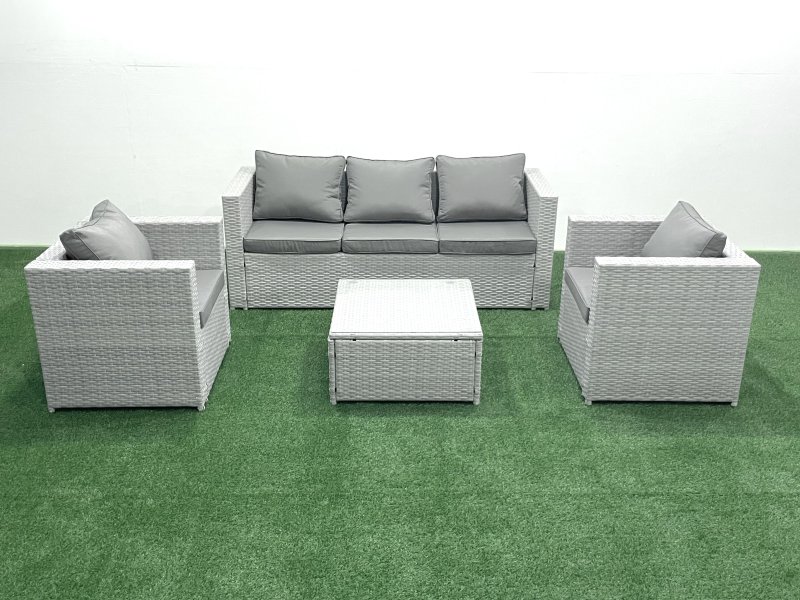 Fimous 5 Seater Rattan Garden Furniture Set with 3 Seater Sofa 2 Chair Square Coffee Table Light Grey Mixed