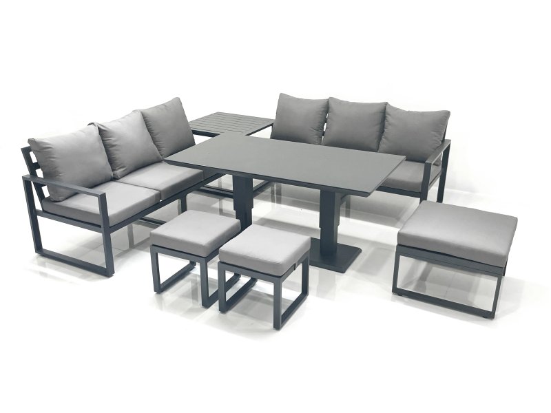 Fimous 9 Seater Aluminium Outdoor Garden Furniture Set with Adjustable Rising Lifting Dining Table 3 Seater Sofa 3 Footstools Side Table Dark Grey