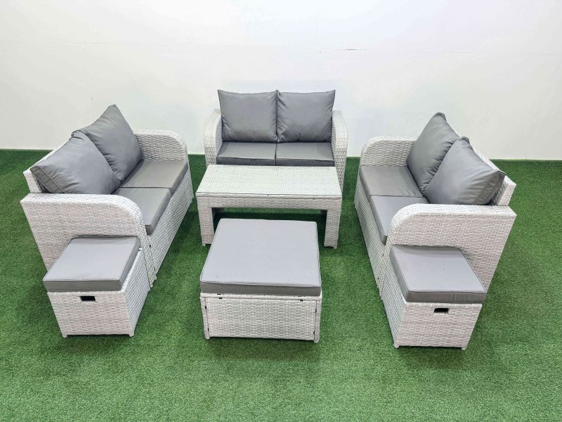 Fimous 9 Seater PE Wicker Rattan Furniture Sofa Sets with Oblong Coffee Table 2 Seater Love Sofa 3 Stool Light Grey