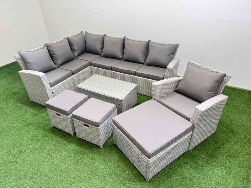 Fimous 10 Seater Garden Outdoor PE Rattan Furniture Set Rattan Garden Sofa Set with 3 Footstools Light Grey Mixed