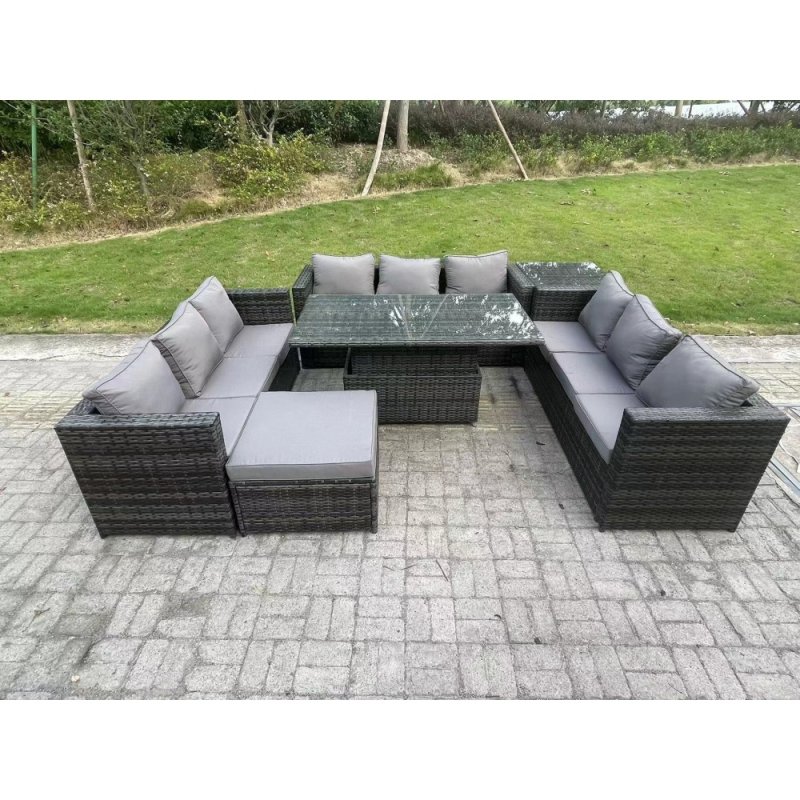 Fimous Outdoor Rattan Garden Furniture Sofa Set Patio Adjustable Rising Lifting Dining Table Set with Side Table Big Footstool 10 Seater Dark Grey Mixed