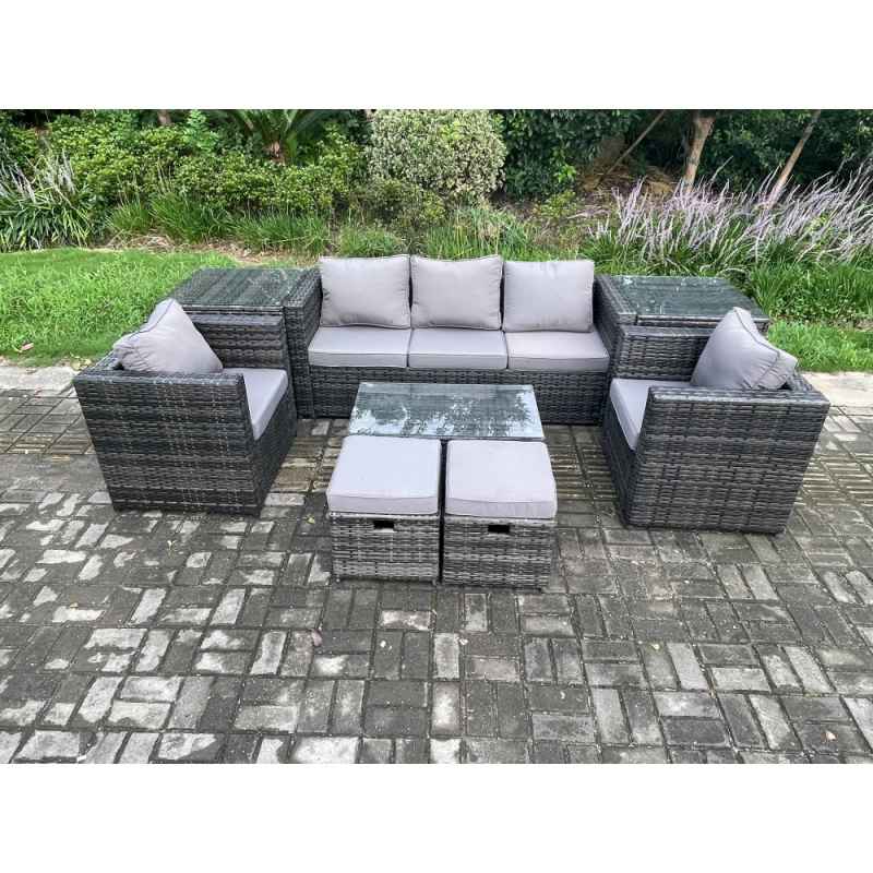 Fimous Outdoor Rattan Garden Furniture Set with 3 Seater Sofa Coffee Table 2 Side Tables 2 Armchairs 2 Small Footstool Patio Lounge Sofa Set Dark Grey Mixed