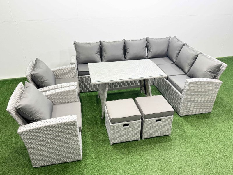 Fimous 10 Seater Garden Outdoor Rattan Furniture Set Rattan Corner Sofa Oblong Dining Table with 2 Armchairs 2 Small Footstools Light Grey Mixed