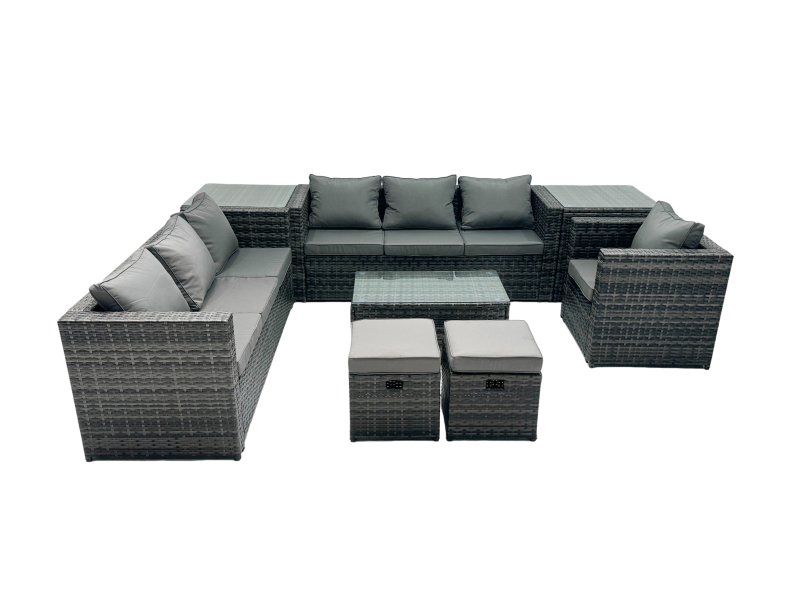 Fimous Rattan Garden Furniture Dining Set 9-seater Patio Coffee Table Sofa Set with 2 Small Stools 2 Side Tables Dark Grey Mixed
