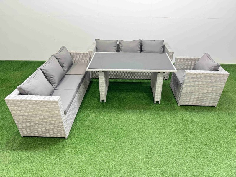 Fimous Patio Garden Furniture Sets with Black Glass Top Dining Table 3 Seater Sofa Armchair Light Grey