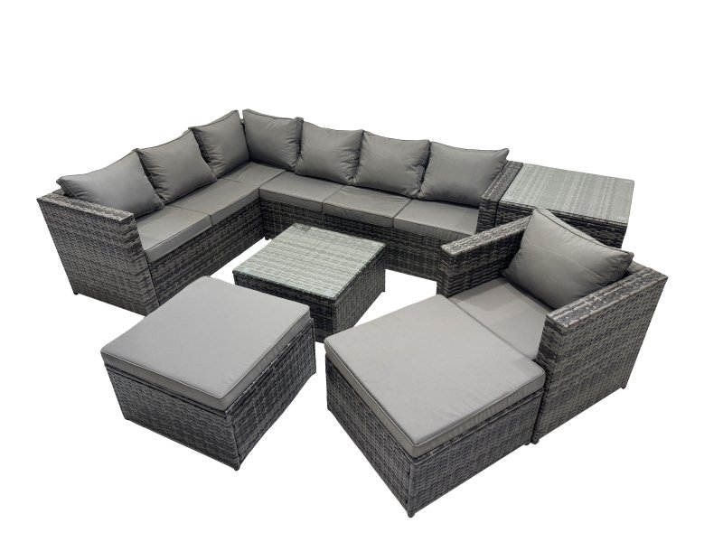 Fimous Rattan Garden Furniture Patio Furniture Sets with Corner Sofa Chair Square Coffee Table 2 Big Footstools Side Table Dark Grey Mixed
